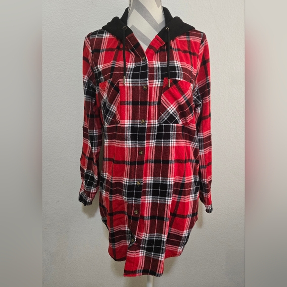 No Boundaries Hooded Plaid Flannel Button Down Shirt Size XXXL (21) Juniors - Picture 2 of 12